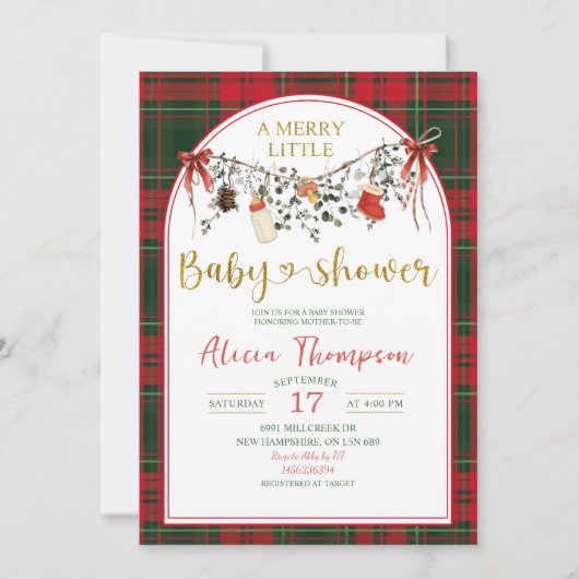 Christmas Gingham Rustic Merry Little Baby Shower 招待状 (正面)