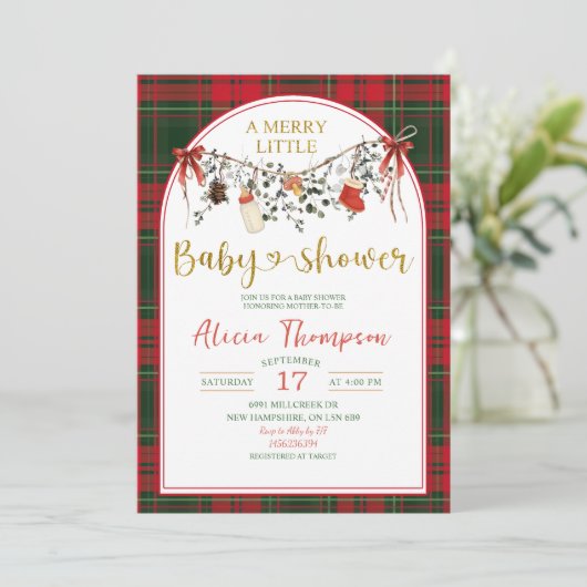 Christmas Gingham Rustic Merry Little Baby Shower 招待状 (スタンド正面)