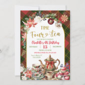 Christmas Gingham Time Four Tea 4th Birthday 招待状 (正面)