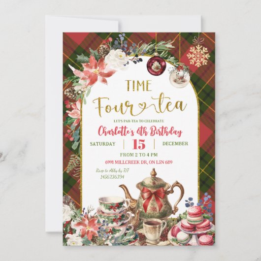 Christmas Gingham Time Four Tea 4th Birthday 招待状 (正面)