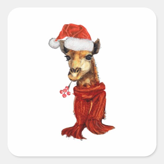 Christmas Giraffe Watercolor Winter スクエアシール (正面)