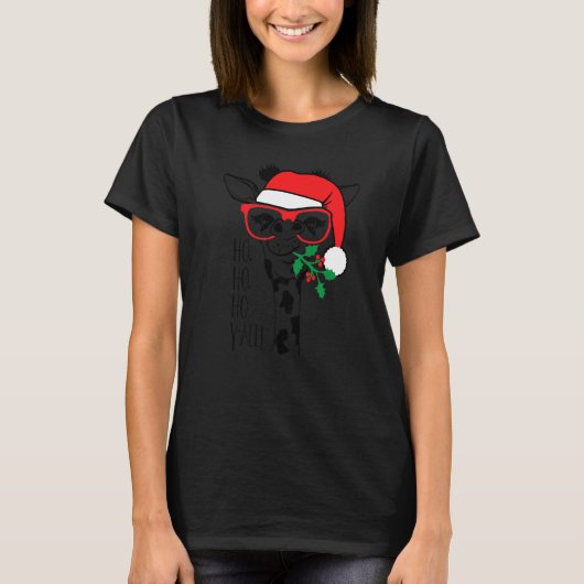 Christmas Giraffe With Glasses Santa Hat Xmas Tシャツ (正面)