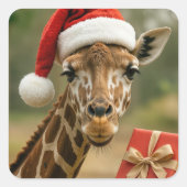 Christmas Giraffe With Holiday Gift スクエアシール (正面)