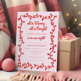 Christmas Girl blush pink red lights baby shower 招待状
