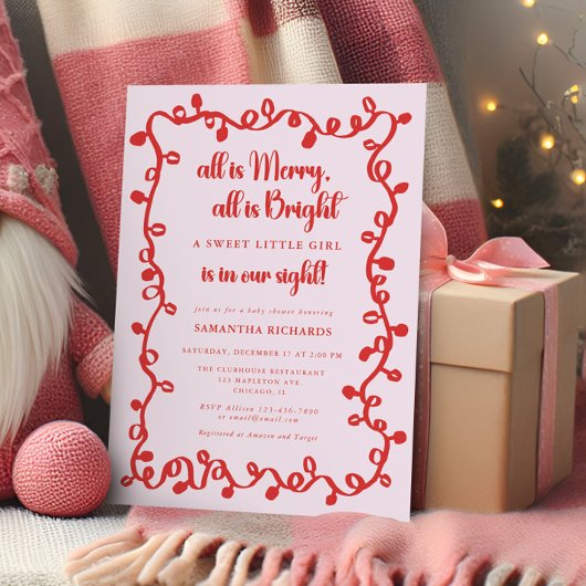 Christmas Girl blush pink red lights baby shower 招待状