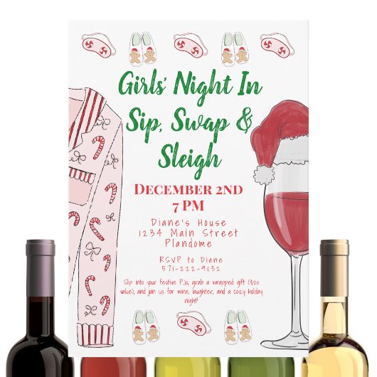 Christmas Girls’ Night Gift Swap PJs Wine 招待状