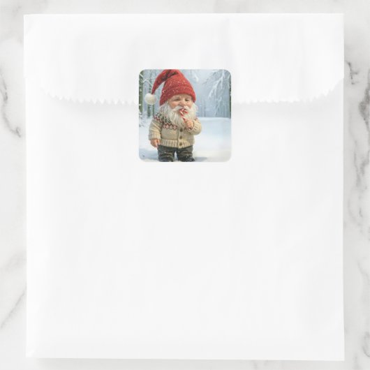 Christmas Gnome In Snowflakes With Candy Cane スクエアシール (バッグ)