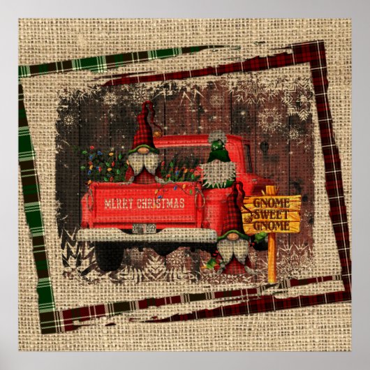 Christmas Gnome Sweet Gnome Red Truck Plaid Rustic ポスター (正面)
