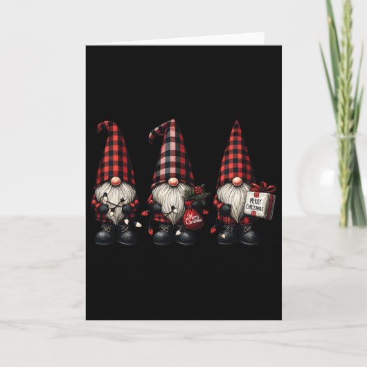 Christmas Gnome Trio Buffalo Check Plaid Hats Xmas カード (正面)