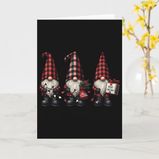 Christmas Gnome Trio Buffalo Check Plaid Hats Xmas カード (黄色い花)