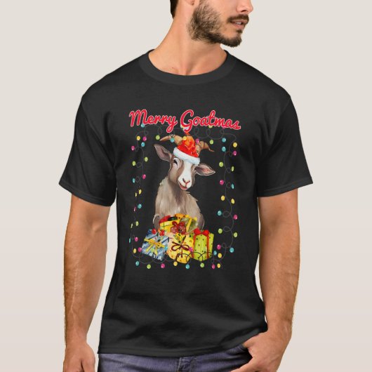 Christmas Goat Wreathed in Holiday Lights(C) Tシャツ (正面)