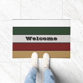 Christmas Gold Green Red Silver And White Stripes  ドアマット