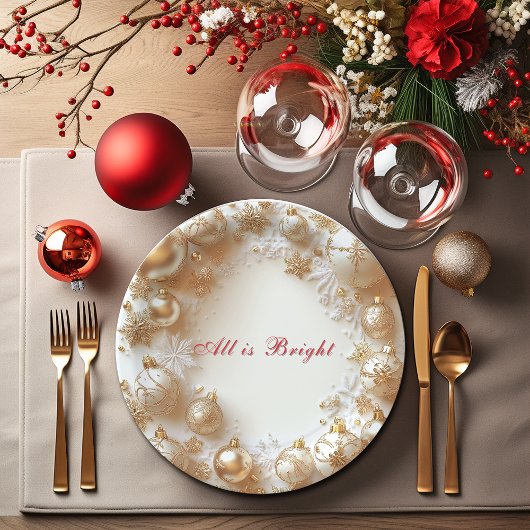 Christmas Gold Ornaments,Snowflakes All is Bright ペーパープレート