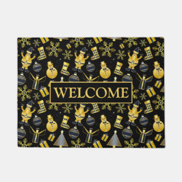 Christmas Gold Santa Snowman Stocking Gift Pattern ドアマット