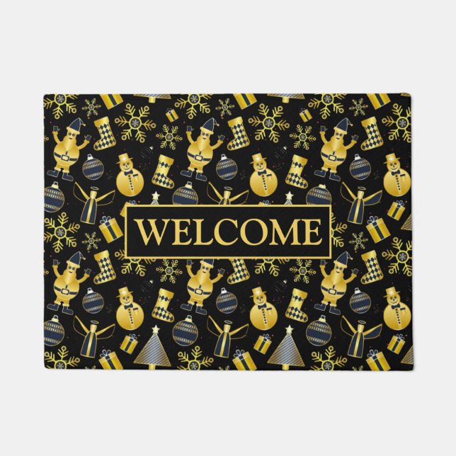 Christmas Gold Santa Snowman Stocking Gift Pattern ドアマット (正面)