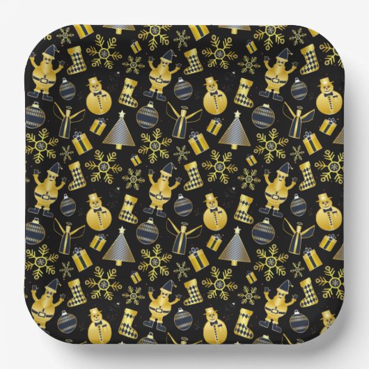 Christmas Gold Santa Snowman Stocking Gift Pattern ペーパープレート (正面)
