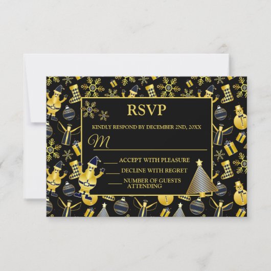 Christmas Gold Santa Snowman Stocking Gift Pattern 出欠カード (正面)