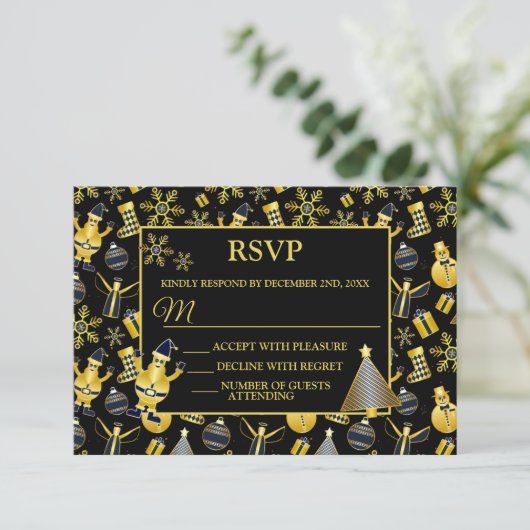 Christmas Gold Santa Snowman Stocking Gift Pattern 出欠カード (スタンド正面)