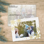 Christmas Gold Snowflakes Festive Simple Elegant 箔シーズンポストカード<br><div class="desc">This design features Christmas holiday photo gold,  festive snowflake elegant simple,  simple minimalist stylish script,  with merry Christmas winter design,  stylish script hand-lettered,  merry Christmas trendy typography,  a memorable traditional luxury Christmas,  elegant gold foil snowflakes, 1 photo one postcard template,  a lovely family photo postcard</div>