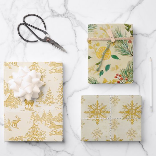 Christmas Gold Wrapping Paper Flat Sheet Set of 3 ラッピングペーパーシート (正面)