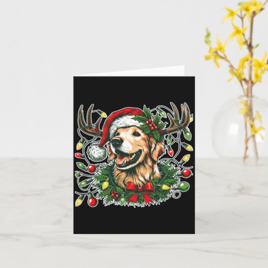 Christmas Golden Retriever Antlers Santa Hat Long  カード (黄色い花)