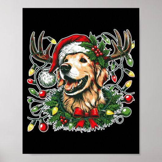 Christmas Golden Retriever Antlers Santa Hat Long  ポスター (正面)