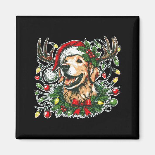 Christmas Golden Retriever Antlers Santa Hat Long  マグネット (正面)