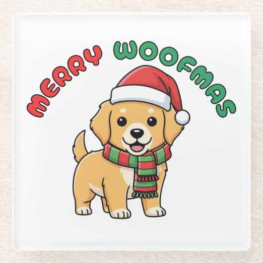 Christmas Golden Retriever Coaster: Merry Woofmas ガラスコースター (正面)