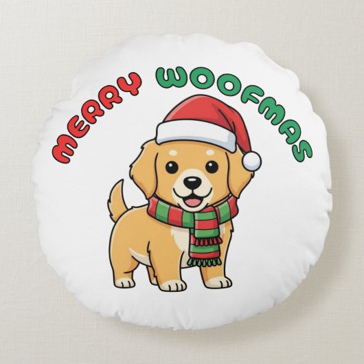 Christmas Golden Retriever: Merry Woofmas ラウンドクッション (正面)