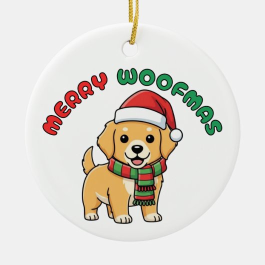 Christmas Golden Retriever Ornament: Merry Woofmas セラミックオーナメント (正面)