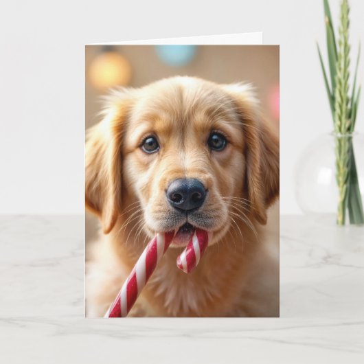 Christmas Golden Retriever Puppy and a Candy Cane カード (正面)