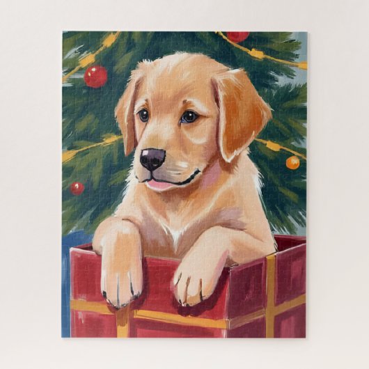 Christmas Golden Retriever Puppy Present ジグソーパズル (縦)