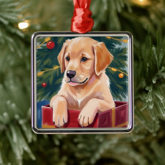 Christmas Golden Retriever Puppy Present メタルオーナメント (ツリー)