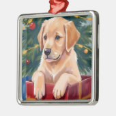 Christmas Golden Retriever Puppy Present メタルオーナメント (左)