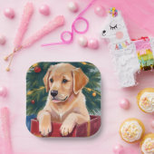 Christmas Golden Retriever Puppy Present Holiday ペーパープレート (パーティー)