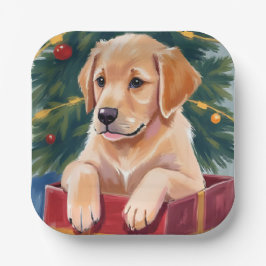 Christmas Golden Retriever Puppy Present Holiday ペーパープレート
