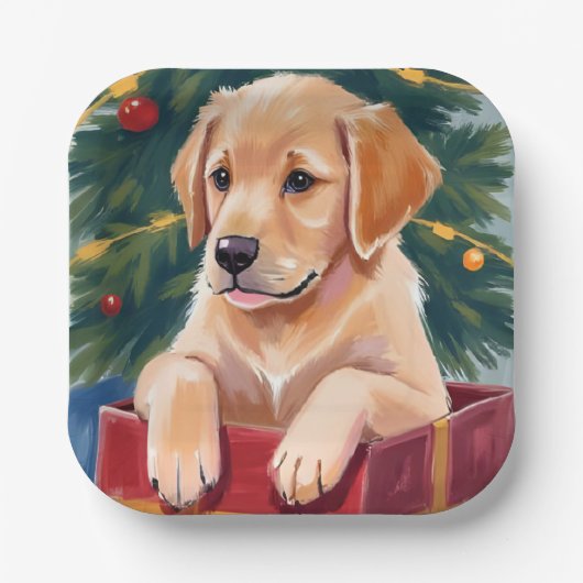Christmas Golden Retriever Puppy Present Holiday ペーパープレート (正面)