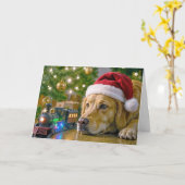 Christmas Golden Retriever Watching a Toy Train カード (黄色い花)