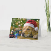 Christmas Golden Retriever Watching a Toy Train カード (正面)