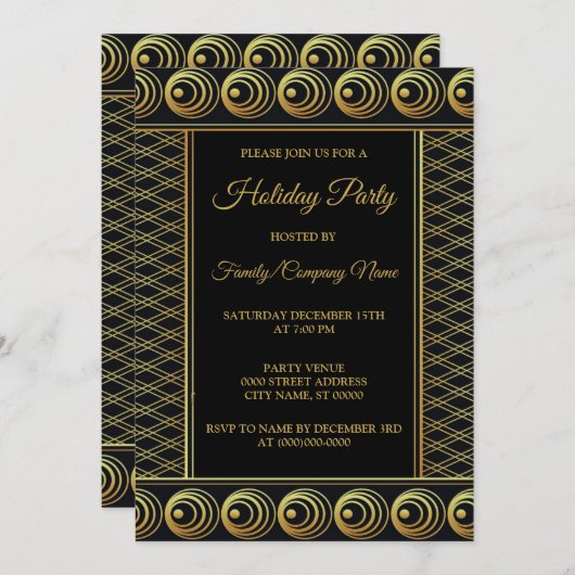 Christmas Golden Tree Holidays Elegant Party 招待状 (正面/裏面)