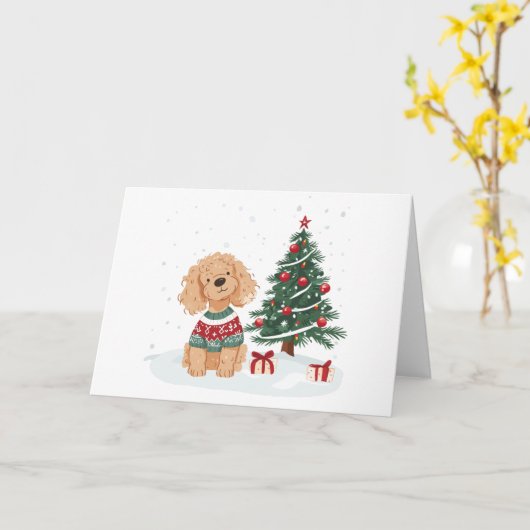 Christmas Goldendoodle Dog カード (黄色い花)