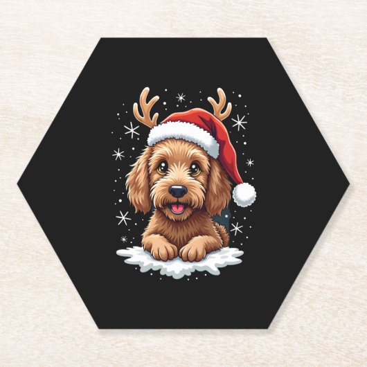 Christmas Goldendoodle Dog Reindeer Holiday Doodle ペーパーコースター (正面)
