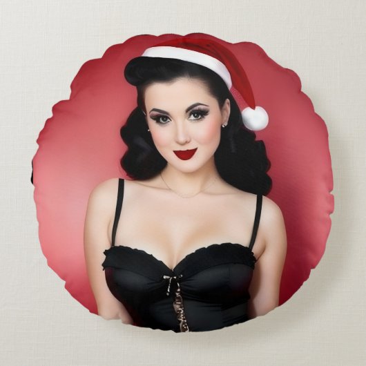 Christmas Goth Girl in Hat Round Throw Pillow ラウンドクッション (正面)