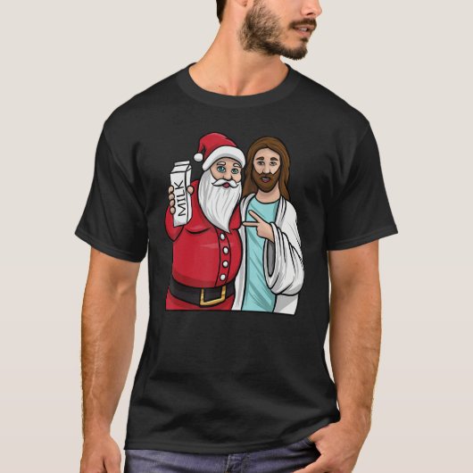 Christmas Graphic Santa and Jesus Jingle Bros Milk Tシャツ (正面)