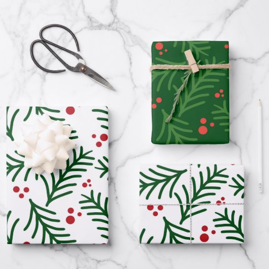 Christmas Green Berries Modern Wrapping Paper ラッピングペーパーシート (正面)