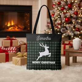 Christmas Green & Black Plaid Reindeer Custom Name トートバッグ