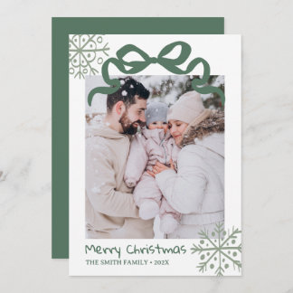 Christmas Green Bow snowflakes Photo card  招待状