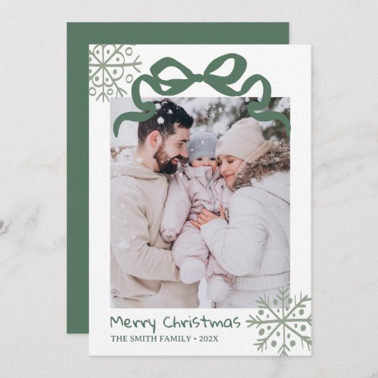 Christmas Green Bow snowflakes Photo card  招待状 (正面/裏面)