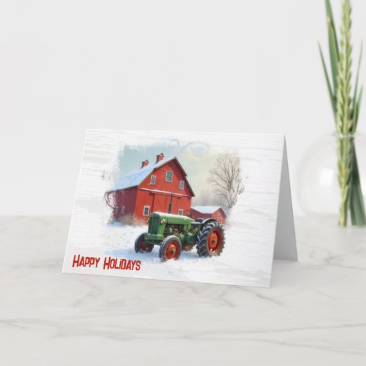 Christmas Green Farm Tractor and Red Barn カード (正面)
