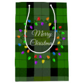 Christmas Green Plaid And Lights Wreath ミディアムペーパーバッグ (正面)